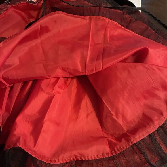 Blueberi Boulevard Girls Red Black Party Dress. Velvet Feel Top, Embroidered 6 - Picture 8 of 11